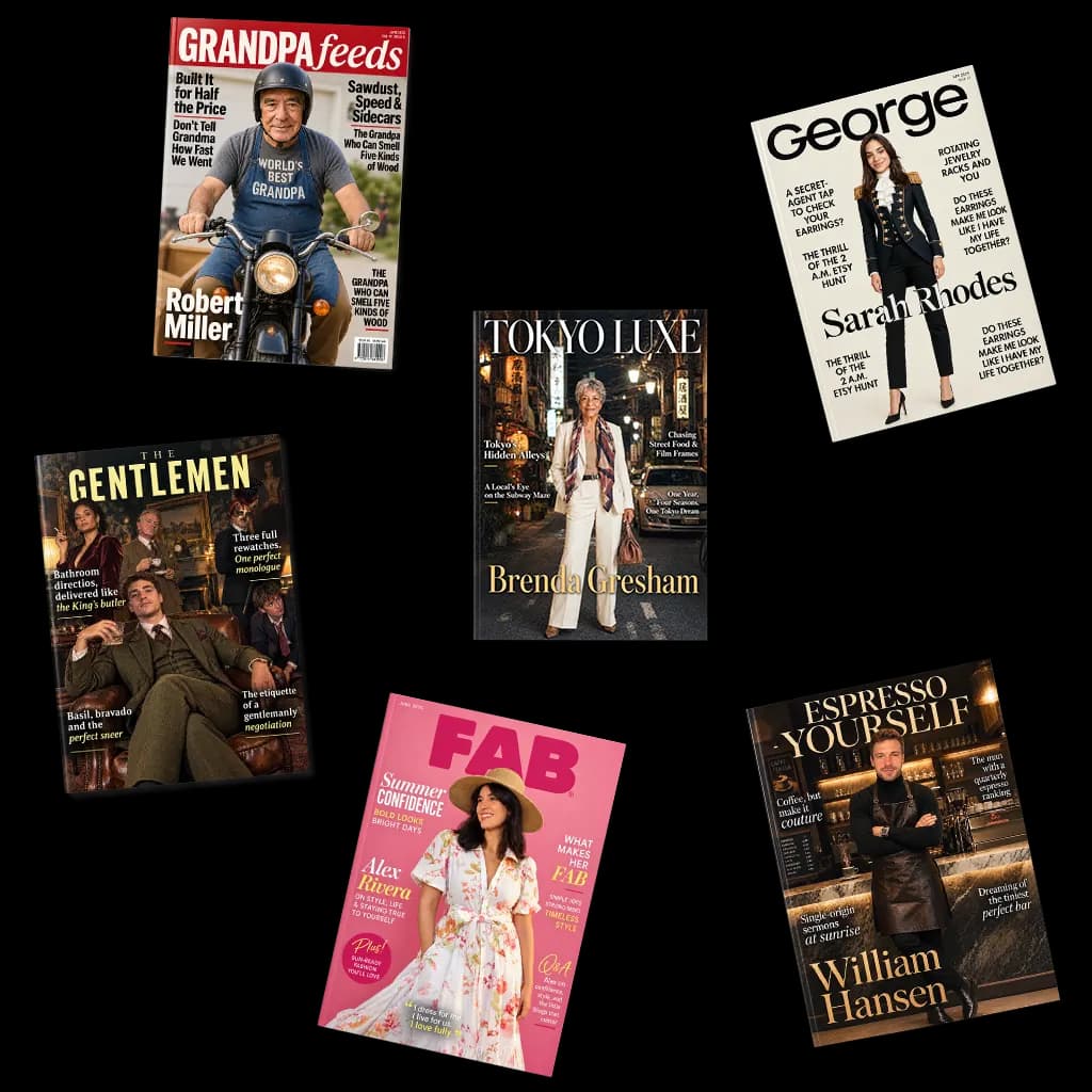 Six personalised magazine covers featuring real people
